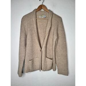 Vintage LL Bean Womens Open Tan Pure Wool Cardigan W/ Pockets Mid Lenght